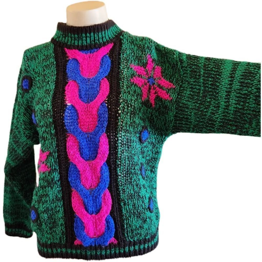 Croquet club vintage 80s teal high neck women's sweater small floral fuschia abs